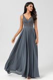 A-Line Beaded Eucalyptus Long Bridesmaid Dress