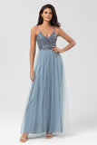 A-Line Spaghetti Straps Beaded Tulle Dusty Pink Bridesmaid Dress