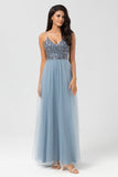 A-Line Spaghetti Straps Beaded Tulle Dusty Blue Bridesmaid Dress