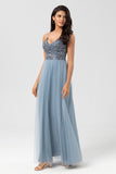 A-Line Spaghetti Straps Beaded Tulle Dusty Blue Bridesmaid Dress