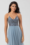 A-Line Spaghetti Straps Beaded Tulle Dusty Pink Bridesmaid Dress