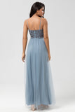 A-Line Spaghetti Straps Beaded Tulle Dusty Blue Bridesmaid Dress