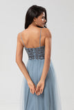 A-Line Spaghetti Straps Beaded Tulle Dusty Pink Bridesmaid Dress