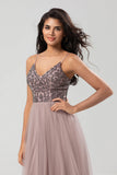 A-Line Spaghetti Straps Beaded Tulle Dusty Pink Bridesmaid Dress