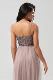 A-Line Spaghetti Straps Beaded Tulle Dusty Pink Bridesmaid Dress