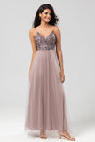 A-Line Spaghetti Straps Beaded Tulle Dusty Pink Bridesmaid Dress