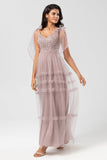 A-Line Embroidered Tulle Dusty Pink Bridesmaid Dress with Beading