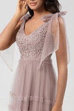 A-Line Embroidered Tulle Dusty Pink Bridesmaid Dress with Beading