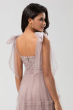 A-Line Embroidered Tulle Dusty Pink Bridesmaid Dress with Beading