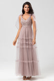 A-Line Embroidered Tulle Dusty Pink Bridesmaid Dress with Beading