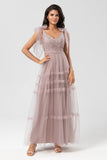 A-Line Embroidered Tulle Dusty Pink Bridesmaid Dress with Beading