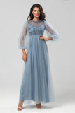 A-Line Tulle Beaded Dusty Blue Bridesmaid Dress with Long Sleeves