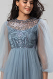 A-Line Tulle Beaded Dusty Blue Bridesmaid Dress with Long Sleeves