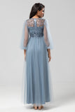 A-Line Tulle Beaded Dusty Blue Bridesmaid Dress with Long Sleeves