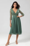 A Line Eucalyptus V-Neck Beaded Long Sleeves Bridesmaid Dress