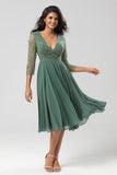 A Line Eucalyptus V-Neck Beaded Long Sleeves Bridesmaid Dress