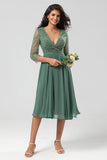 A Line Eucalyptus V-Neck Beaded Long Sleeves Bridesmaid Dress