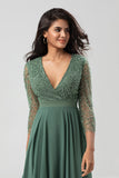 A Line Eucalyptus V-Neck Beaded Long Sleeves Bridesmaid Dress