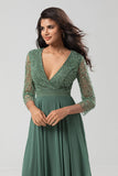 A Line Eucalyptus V-Neck Beaded Long Sleeves Bridesmaid Dress