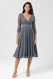 A Line Eucalyptus V-Neck Beaded Long Sleeves Bridesmaid Dress