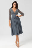 A Line Eucalyptus V-Neck Beaded Long Sleeves Bridesmaid Dress