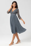 A Line Eucalyptus V-Neck Beaded Long Sleeves Bridesmaid Dress