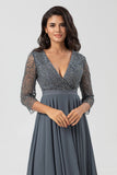 A Line Eucalyptus V-Neck Beaded Long Sleeves Bridesmaid Dress