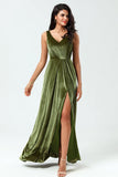 A Line V-Neck Ruched Floor-Length Slit Velvet Bridesmaid Dress with Pocket