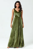 A Line V-Neck Ruched Floor-Length Slit Velvet Bridesmaid Dress with Pocket