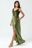 A Line V-Neck Ruched Floor-Length Slit Velvet Bridesmaid Dress with Pocket