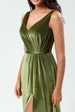 A Line V-Neck Ruched Floor-Length Slit Velvet Bridesmaid Dress with Pocket