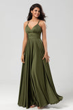 A Line Spaghetti Straps Floor-Length Satin Bridesmaid Dress