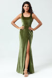 Mermaid Square Neck Floor-Length Velvet Bridesmaid Dress with Slit