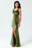 Mermaid Square Neck Floor-Length Velvet Bridesmaid Dress with Slit