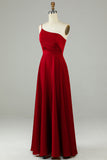 Burgundy A-Line One Shoulder Long Bridesmaid Dress with Ruffles