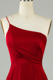 Burgundy A-Line One Shoulder Long Bridesmaid Dress with Ruffles