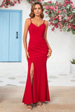 Burgundy Mermaid Spaghetti Straps Long Bridesmaid Dress with Slit