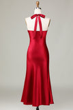 Burgundy Mermaid Halter Long Bridesmaid Dress with Slit