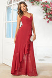 Burgundy A Line Spaghetti Straps Chiffon Long Wedding Party Dress with Ruffles