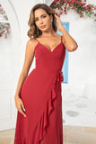 Burgundy A Line Spaghetti Straps Chiffon Long Wedding Party Dress with Ruffles