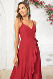 Burgundy A Line Spaghetti Straps Chiffon Long Wedding Party Dress with Ruffles