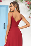 Burgundy A Line Spaghetti Straps Chiffon Long Wedding Party Dress with Ruffles