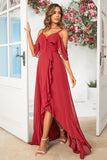 Burgundy Asymmetrical Cold Shoulder Long Bridesmaid Dress with Ruffles