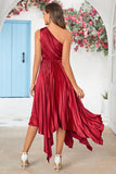 Burgundy Asymmetrical One Shoudler Velvet Bridesmaid Dress