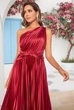 Burgundy Asymmetrical One Shoudler Velvet Bridesmaid Dress