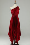 Burgundy Asymmetrical One Shoudler Velvet Bridesmaid Dress