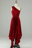 Burgundy Asymmetrical One Shoudler Velvet Bridesmaid Dress