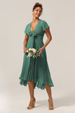 A Line V-Neck Short Sleeves Eucalyptus Bridesmaid Dress With Bow