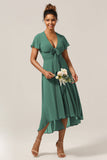 A Line V-Neck Short Sleeves Eucalyptus Bridesmaid Dress With Bow