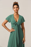 A Line V-Neck Short Sleeves Eucalyptus Bridesmaid Dress With Bow